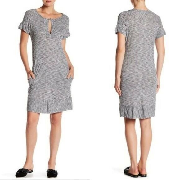 Lucky Brand Dresses & Skirts - Lucky Brand  Knit Dress Women's Size Medium Gray Striped Pockets Short Sleeve